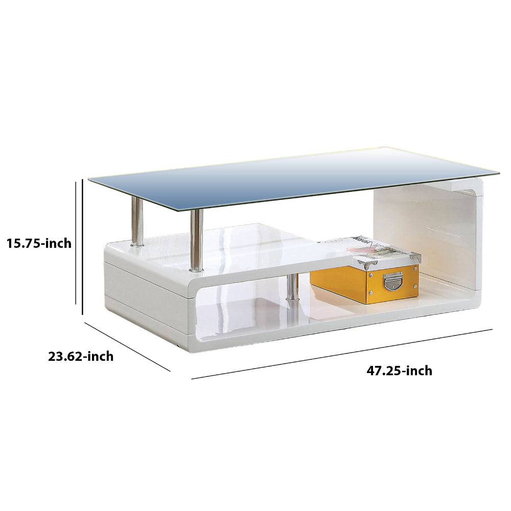 Contemporary Coffee Table with Multi Level Curled Open Shelf, White - BM205333