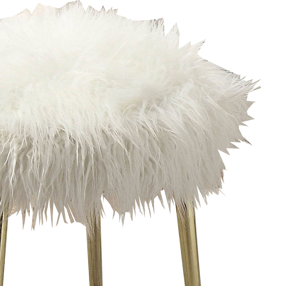 Faux Fur Upholstered Contemporary Metal Ottoman, White and Gold - BM205378