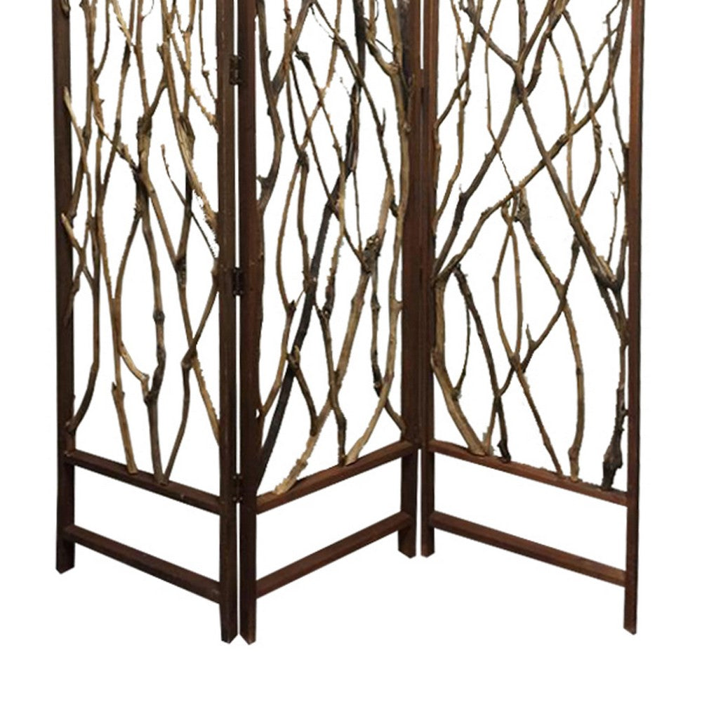 3 Panel Contemporary Foldable Wood Screen with Tree Branches, Brown - BM205387