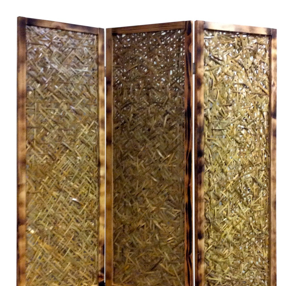 3 Panel Traditional Foldable Screen with Entwine Bamboo Design, Brown - BM205390