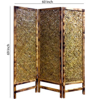3 Panel Traditional Foldable Screen with Entwine Bamboo Design, Brown - BM205390