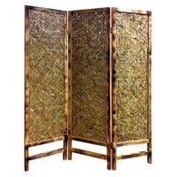 3 Panel Traditional Foldable Screen with Entwine Bamboo Design, Brown - BM205390