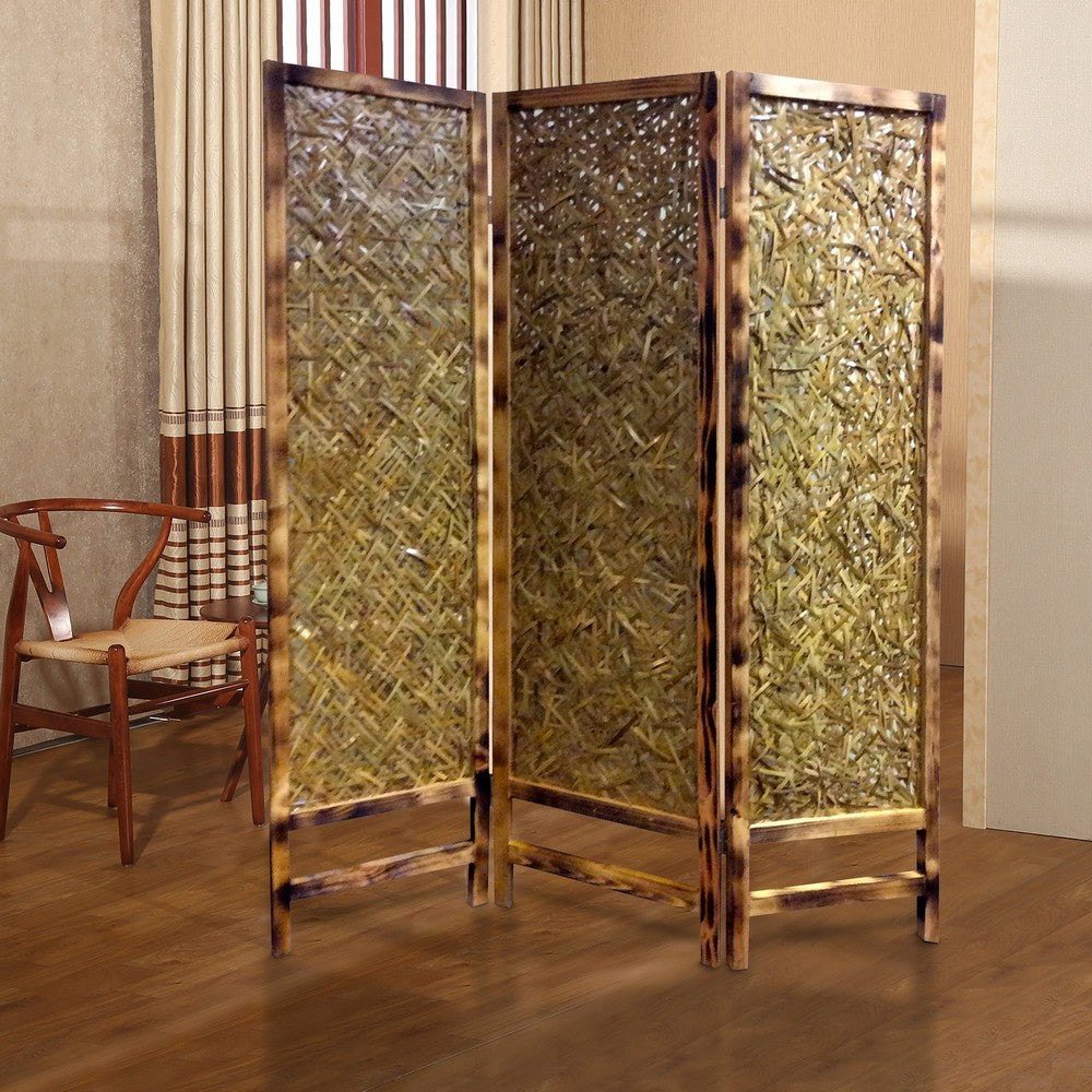 3 Panel Traditional Foldable Screen with Entwine Bamboo Design, Brown - BM205390