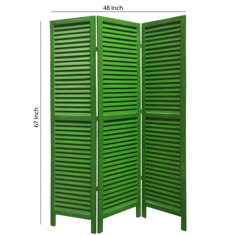 3 Panel Foldable Wooden Shutter Screen with Straight Legs, Green - BM205394