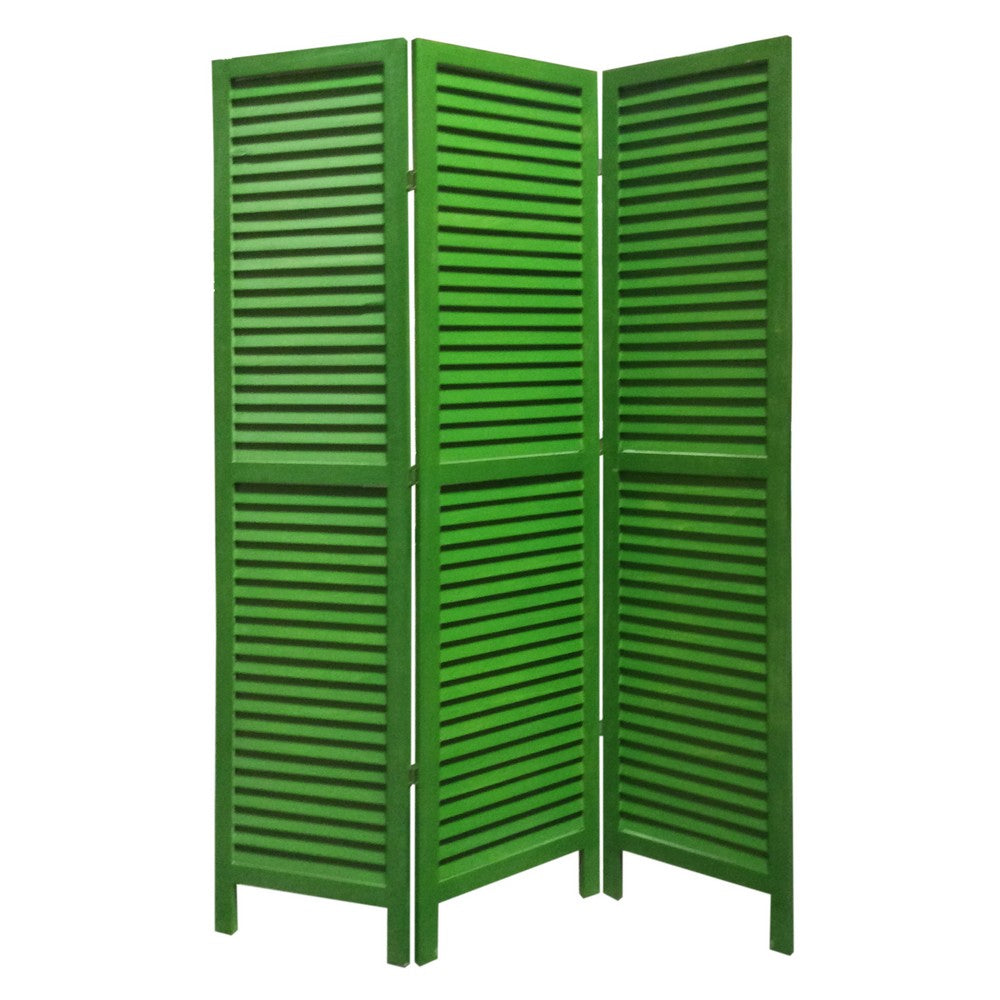 3 Panel Foldable Wooden Shutter Screen with Straight Legs, Green - BM205394