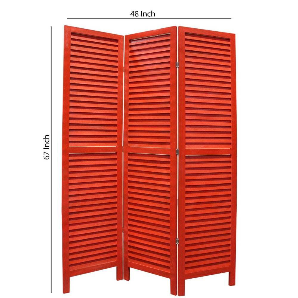3 Panel Foldable Wooden Shutter Screen with Straight Legs, Red - BM205396