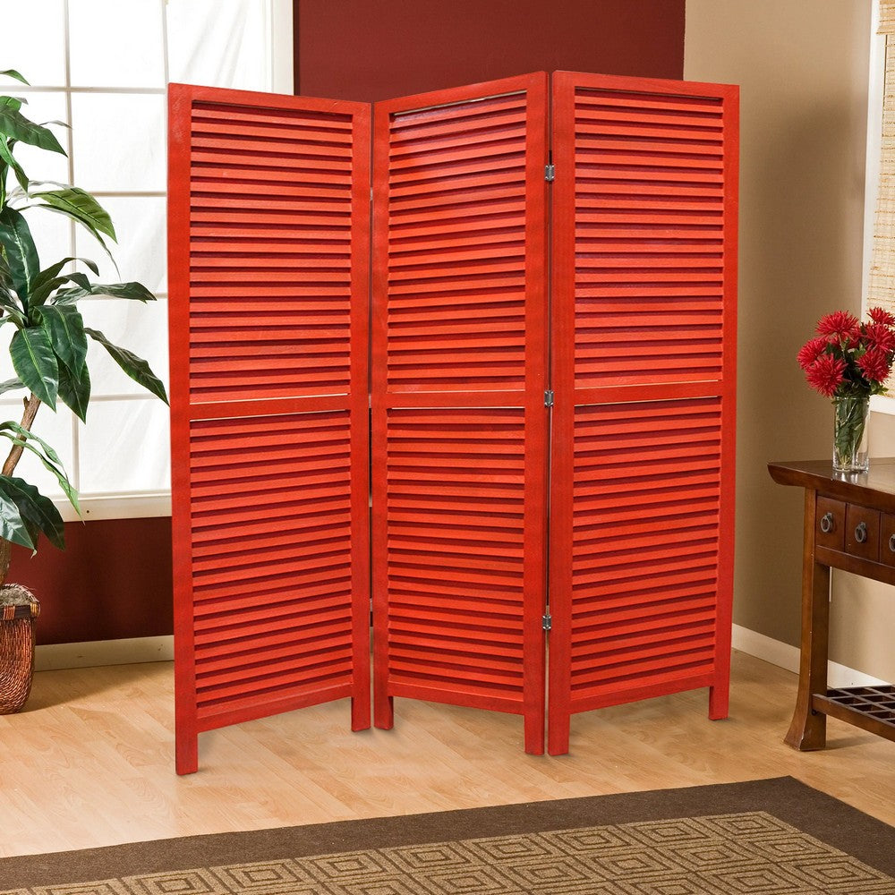 3 Panel Foldable Wooden Shutter Screen with Straight Legs, Red - BM205396