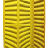 3 Panel Foldable Wooden Shutter Screen with Straight Legs, Yellow - BM205397