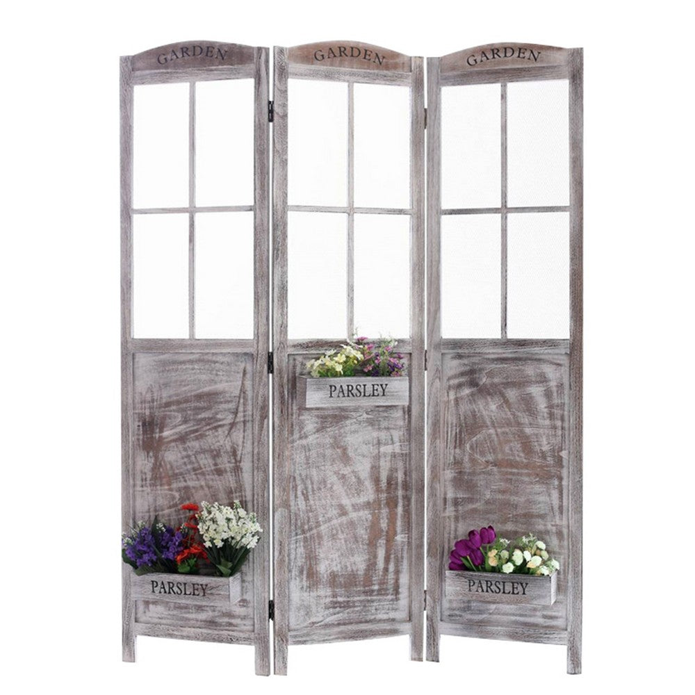 3 Panel Foldable Wooden Screen with Garden Design, Brown - BM205413