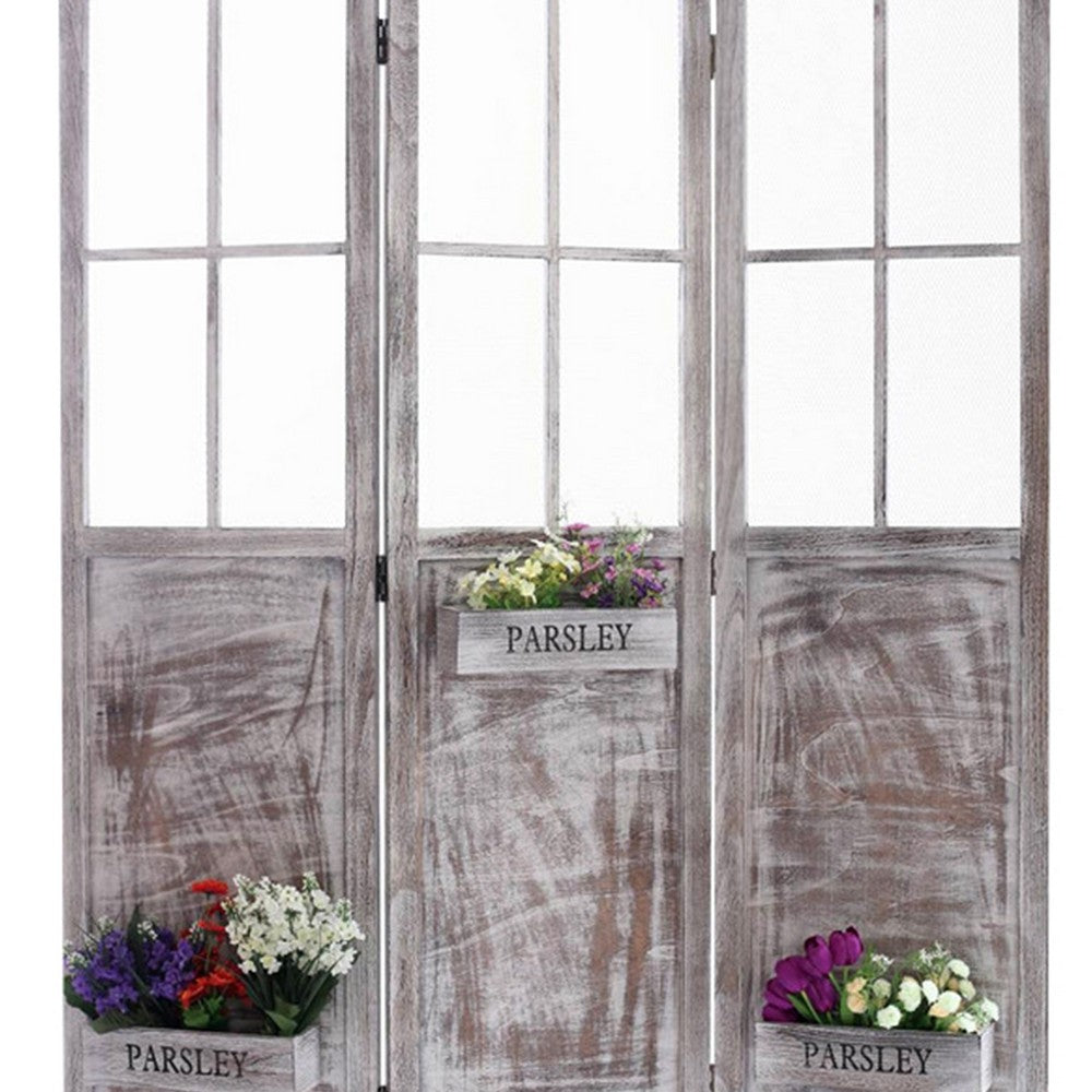 3 Panel Foldable Wooden Screen with Garden Design, Brown - BM205413