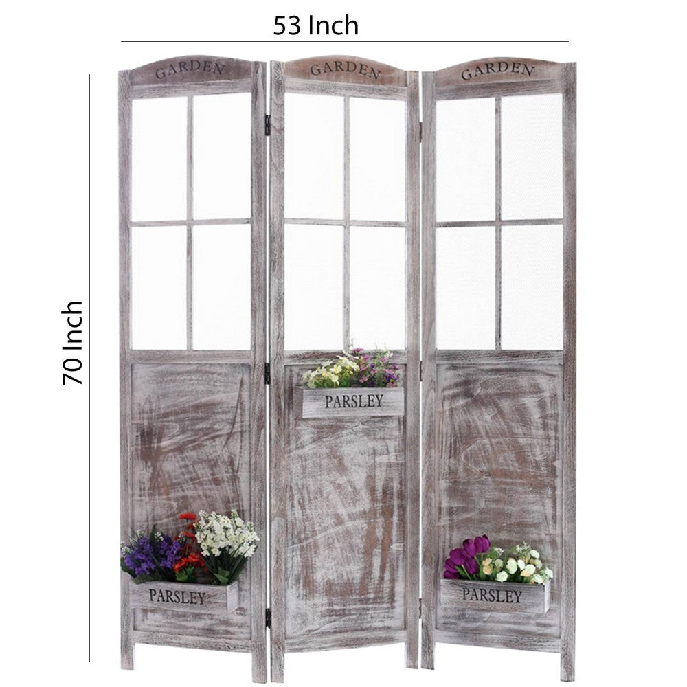 3 Panel Foldable Wooden Screen with Garden Design, Brown - BM205413