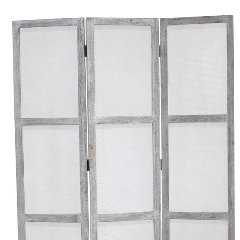Transitional 3 Panel Screen with Wooden Frame & Fabric Panels, Gray - BM205854