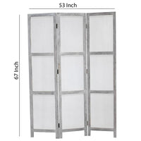 Transitional 3 Panel Screen with Wooden Frame & Fabric Panels, Gray - BM205854