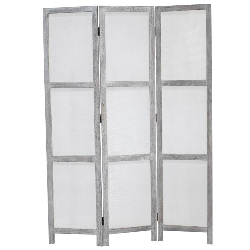 Transitional 3 Panel Screen with Wooden Frame & Fabric Panels, Gray - BM205854