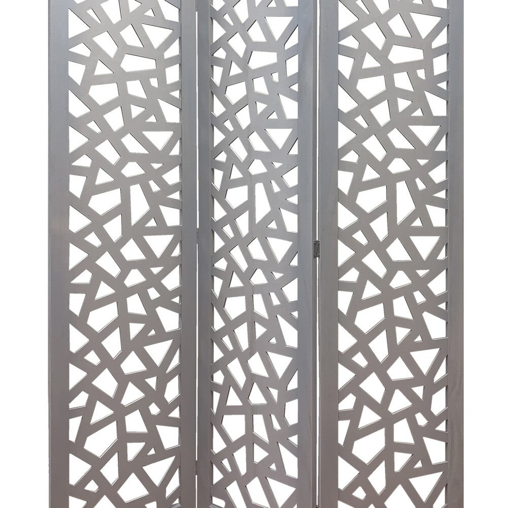 3 Panel Contemporary Wooden Screen with Cut Pattern Design, Gray - BM205860