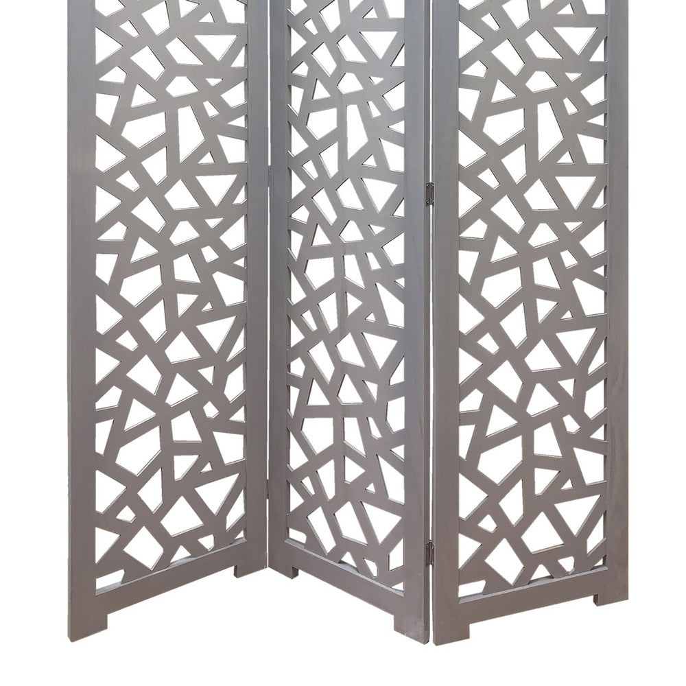 3 Panel Contemporary Wooden Screen with Cut Pattern Design, Gray - BM205860
