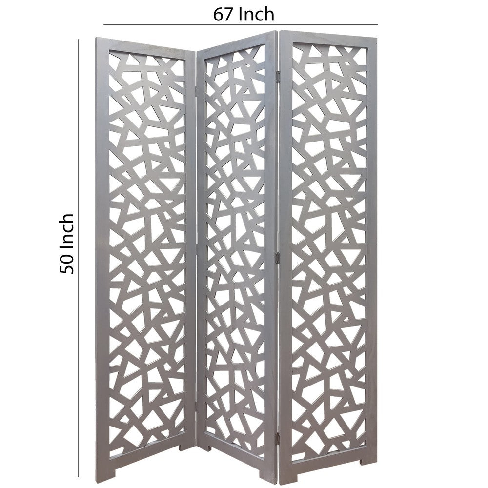 3 Panel Contemporary Wooden Screen with Cut Pattern Design, Gray - BM205860