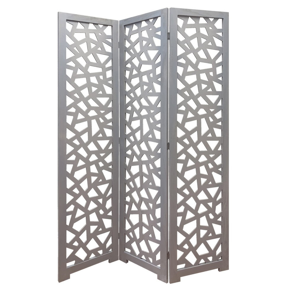 3 Panel Contemporary Wooden Screen with Cut Pattern Design, Gray - BM205860