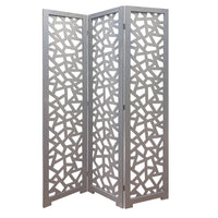 3 Panel Contemporary Wooden Screen with Cut Pattern Design, Gray - BM205860