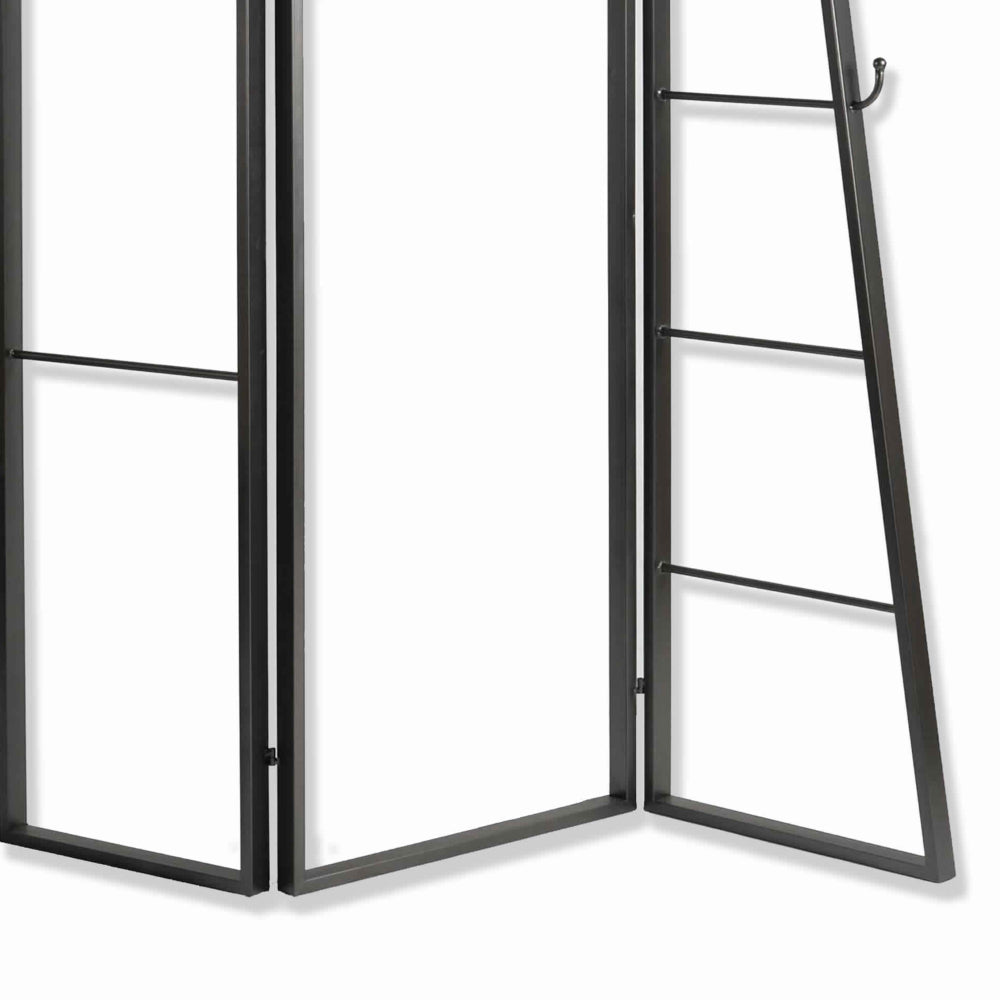 Modern Style 3 Panel Metal Screen with Hooks and Rod Hangings, Black - BM205890