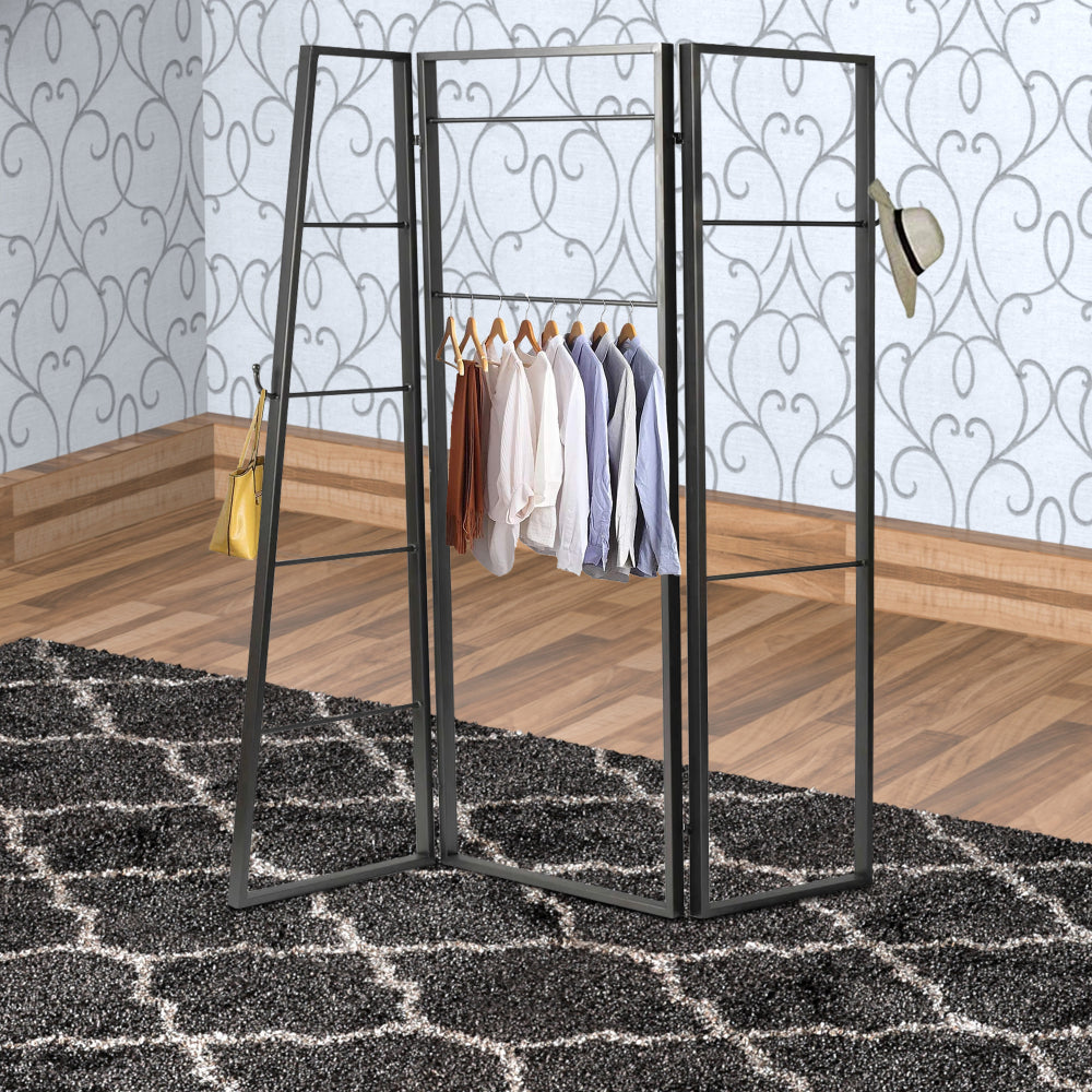 Modern Style 3 Panel Metal Screen with Hooks and Rod Hangings, Black - BM205890