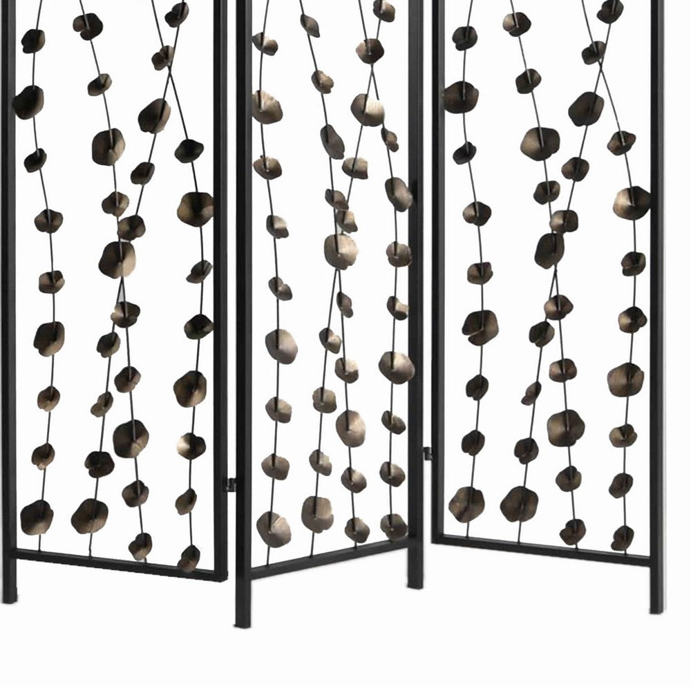 Transitional 3 Panel Metal Screen with Intricate Flower Design, Black - BM205892