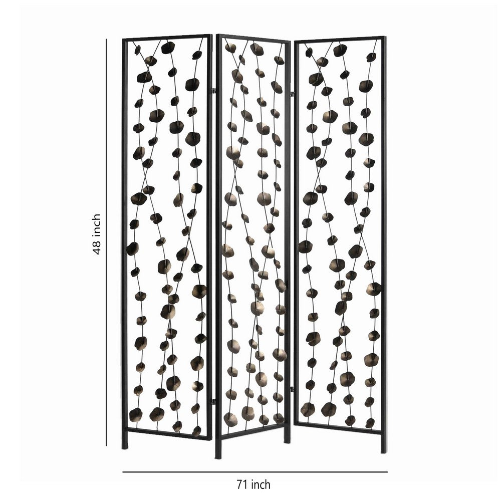 Transitional 3 Panel Metal Screen with Intricate Flower Design, Black - BM205892