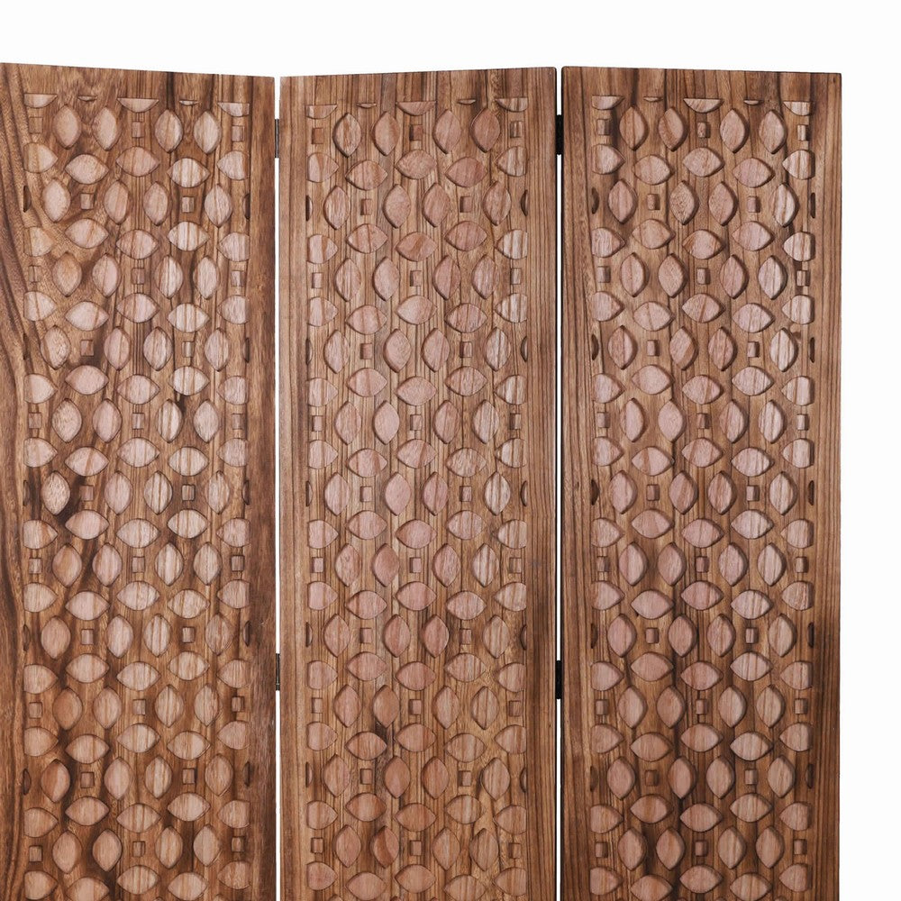 3 Panel Transitional Wooden Screen with Leaf Like Carvings, Brown - BM205896