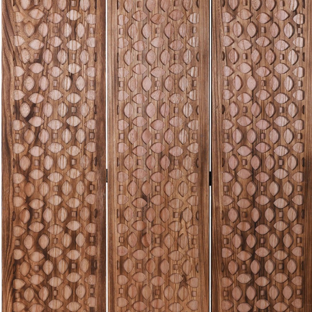3 Panel Transitional Wooden Screen with Leaf Like Carvings, Brown - BM205896