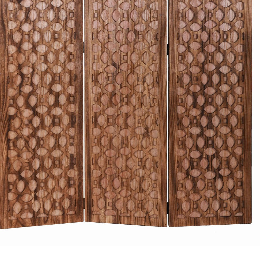 3 Panel Transitional Wooden Screen with Leaf Like Carvings, Brown - BM205896