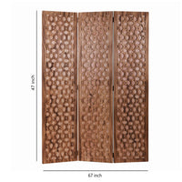 3 Panel Transitional Wooden Screen with Leaf Like Carvings, Brown - BM205896