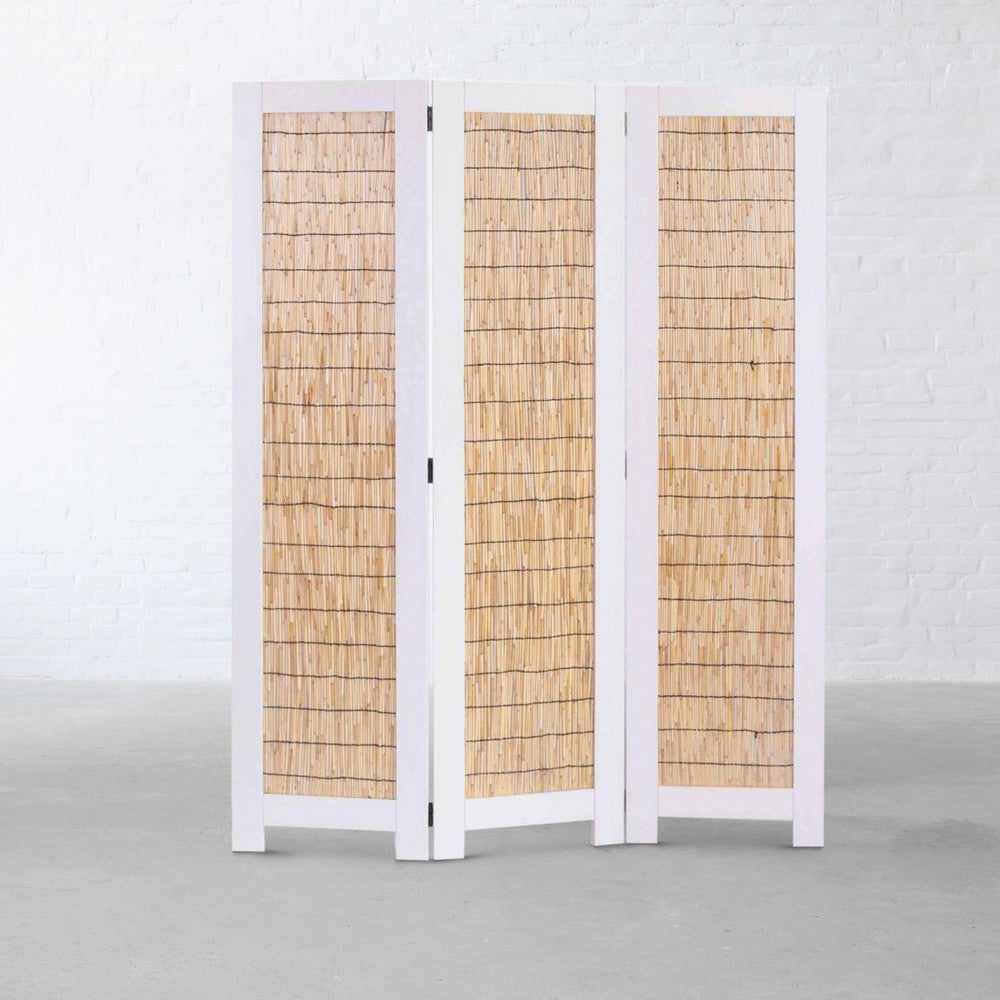 Transitional 3 Panel Wooden Screen with Wicker Paneling, White and Brown - BM205897