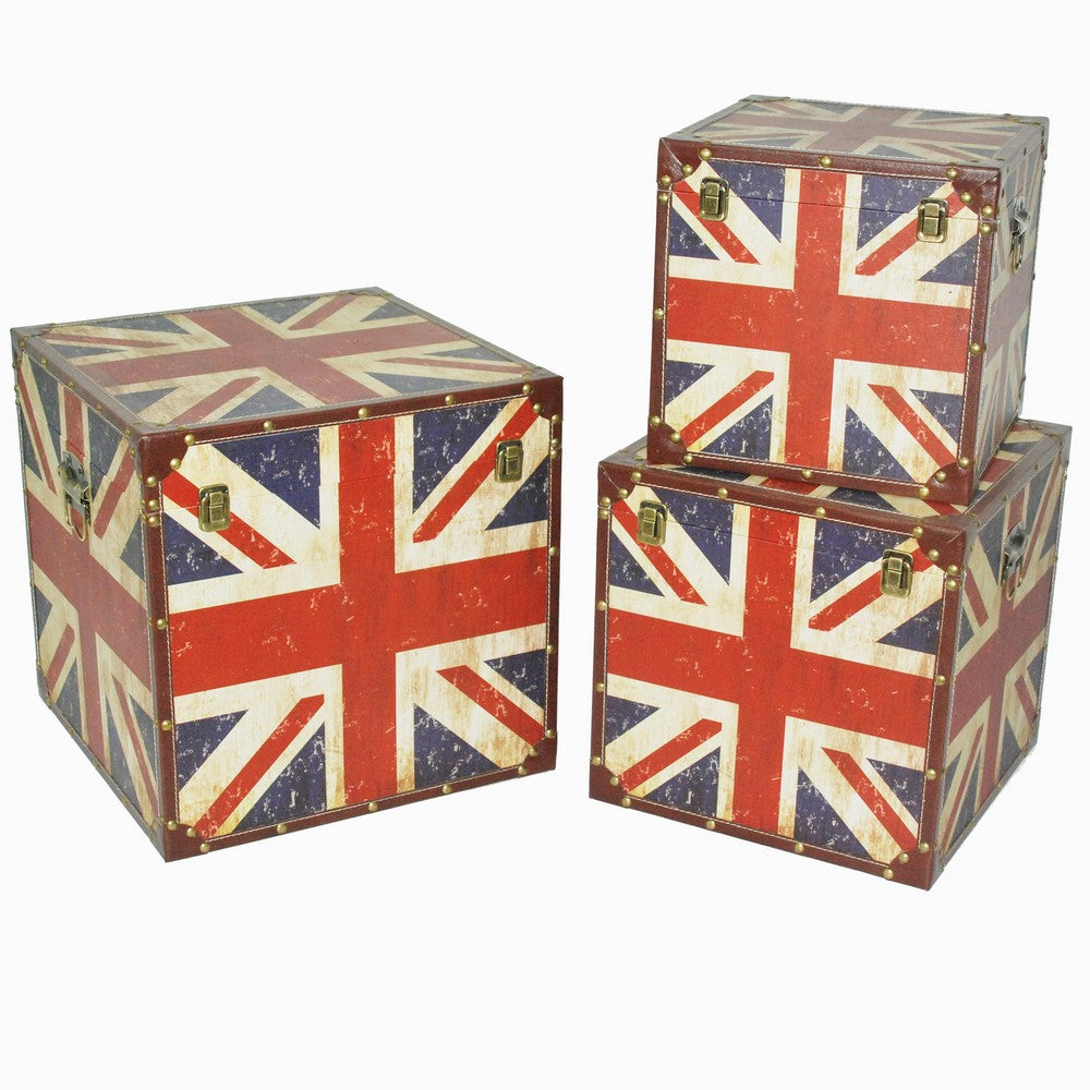 Union Jack Print Canvas Upholstered Storage Trunk, Multicolor, Set of 3 - BM205923