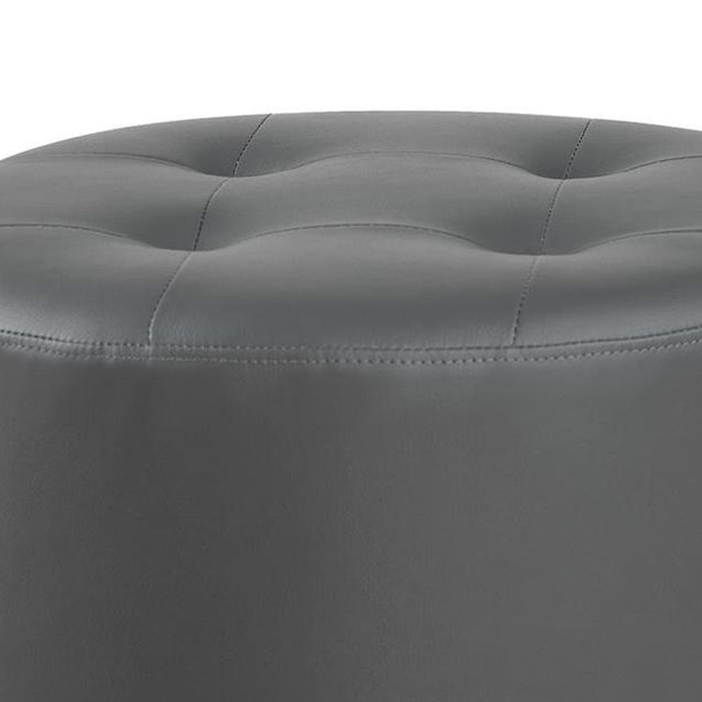 Round Leatherette Swivel Ottoman with Tufted Seat, Gray and Black - BM206528