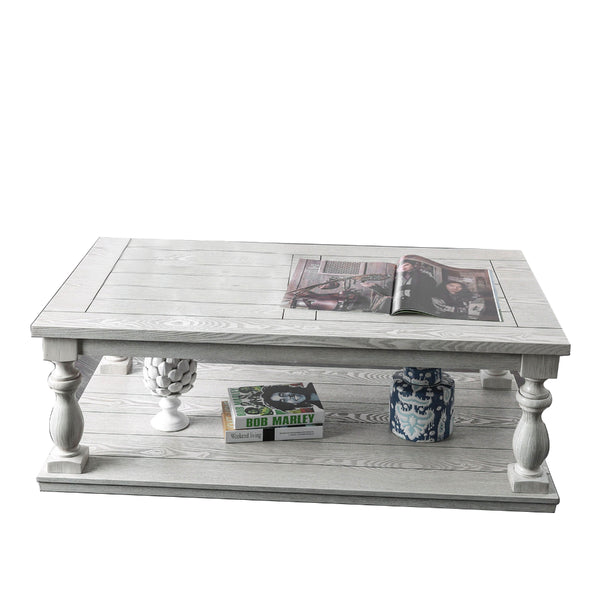 Plank Top Coffee Table with Open Shelf and Turned Legs in Antique White - BM208126