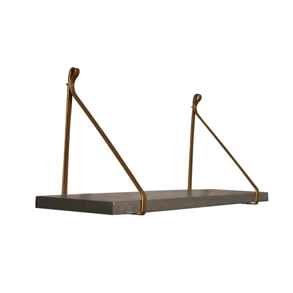 Rectangular Wooden Wall Shelf with Metal Holders, Gray and Gold - BM209118
