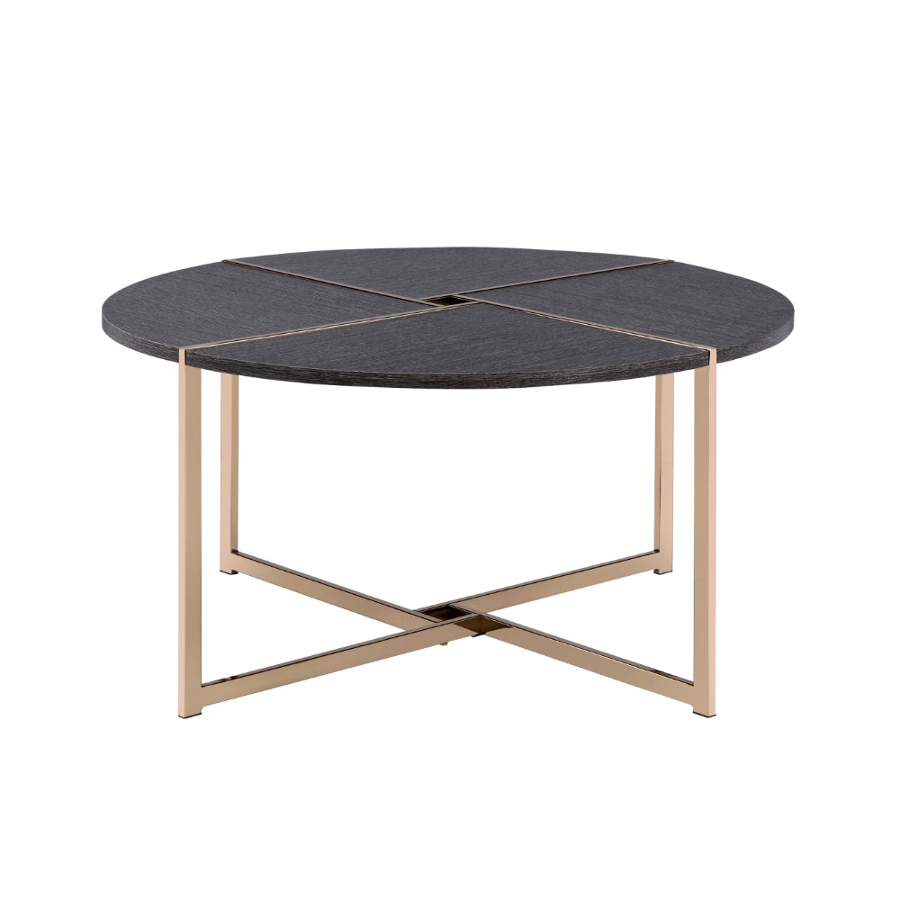 Coffee Table with X Shaped Metal Base and Round Wooden Top, Gold and Gray - BM209590