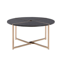 Coffee Table with X Shaped Metal Base and Round Wooden Top, Gold and Gray - BM209590