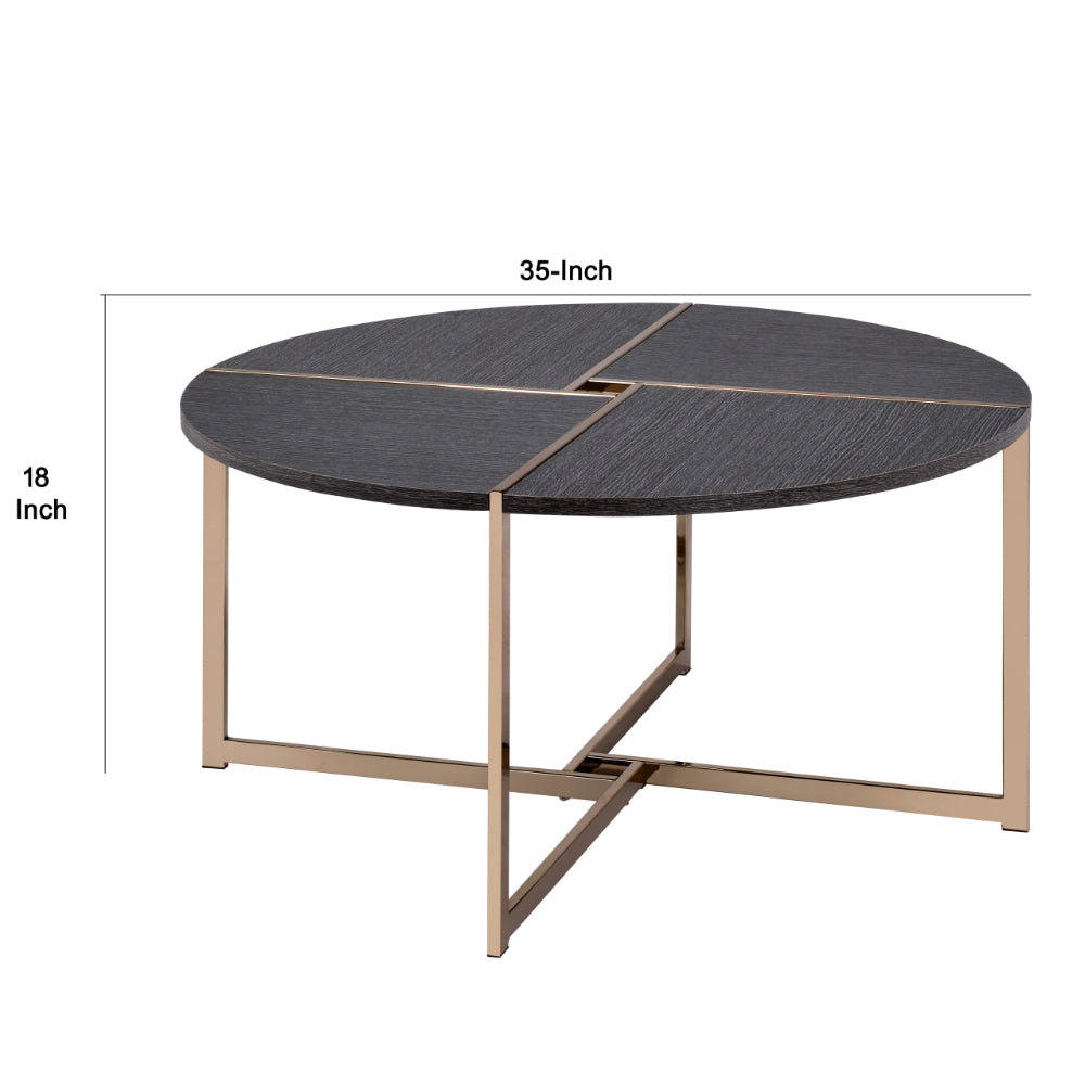 Coffee Table with X Shaped Metal Base and Round Wooden Top, Gold and Gray - BM209590