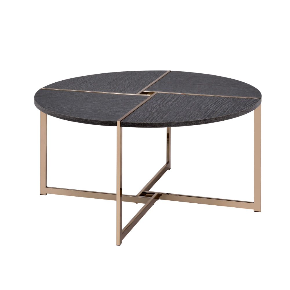 Coffee Table with X Shaped Metal Base and Round Wooden Top, Gold and Gray - BM209590