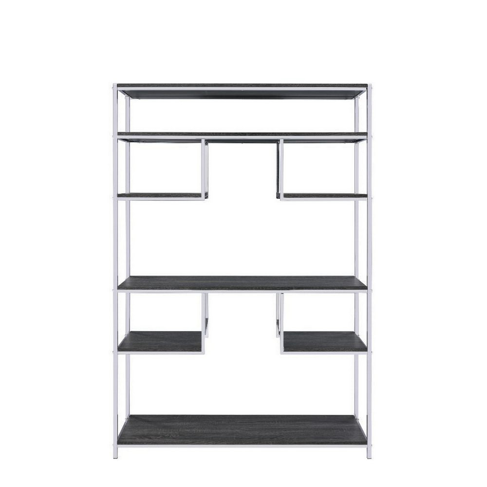 Etagere Bookshelf with 7 Shelves and Geometric Pattern,Silver and Dark Gray - BM209606