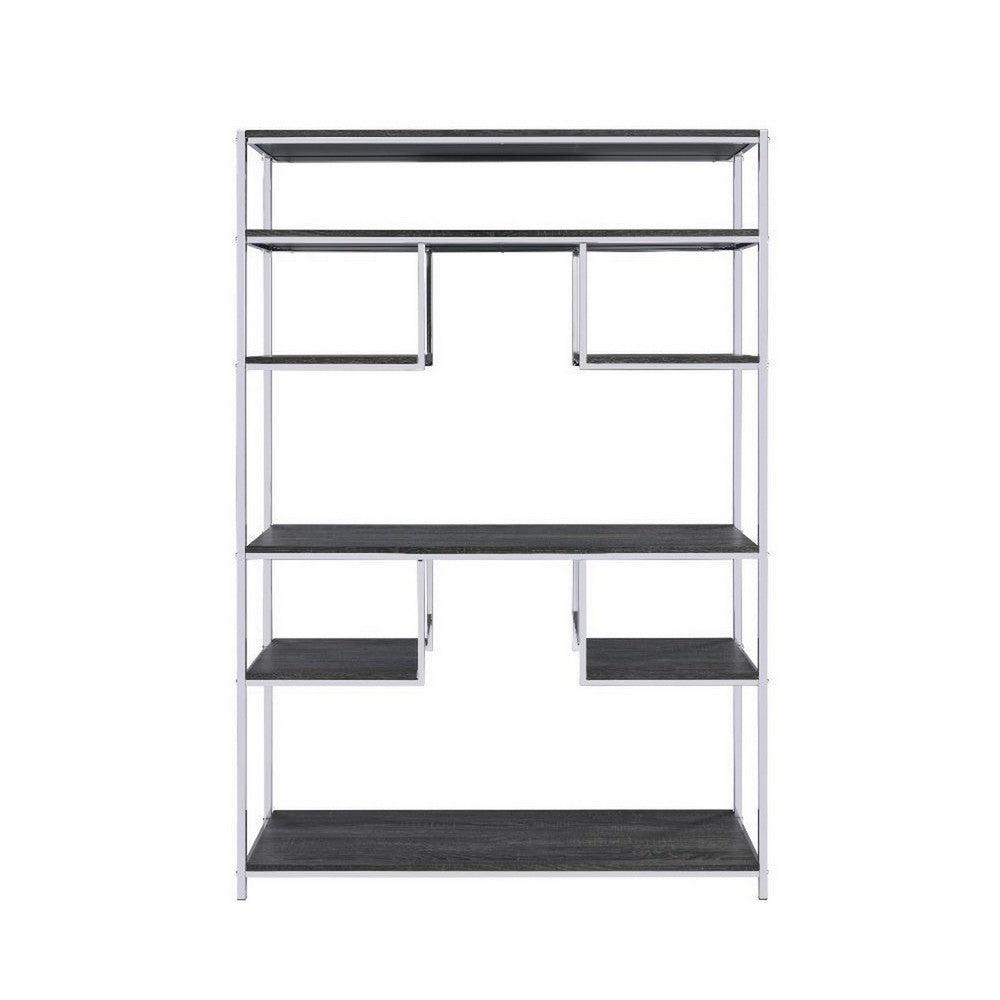 Etagere Bookshelf with 7 Shelves and Geometric Pattern,Silver and Dark Gray - BM209606