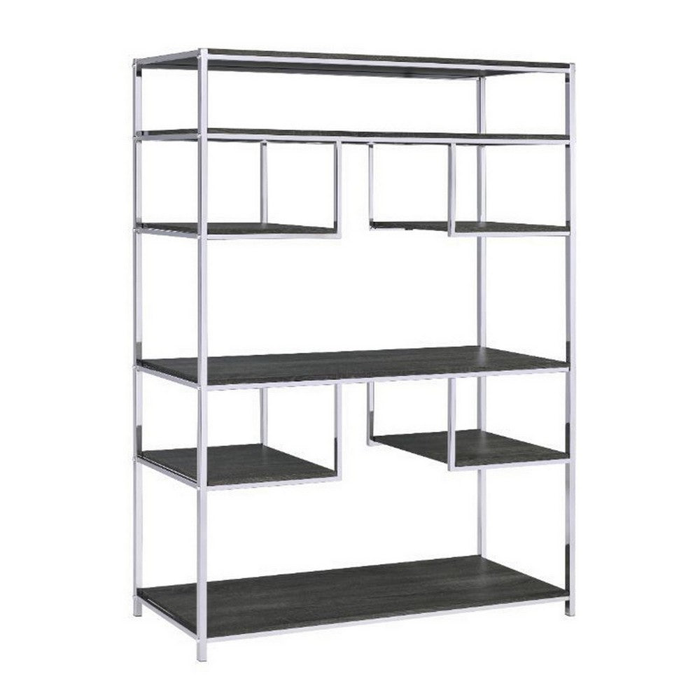 Etagere Bookshelf with 7 Shelves and Geometric Pattern,Silver and Dark Gray - BM209606