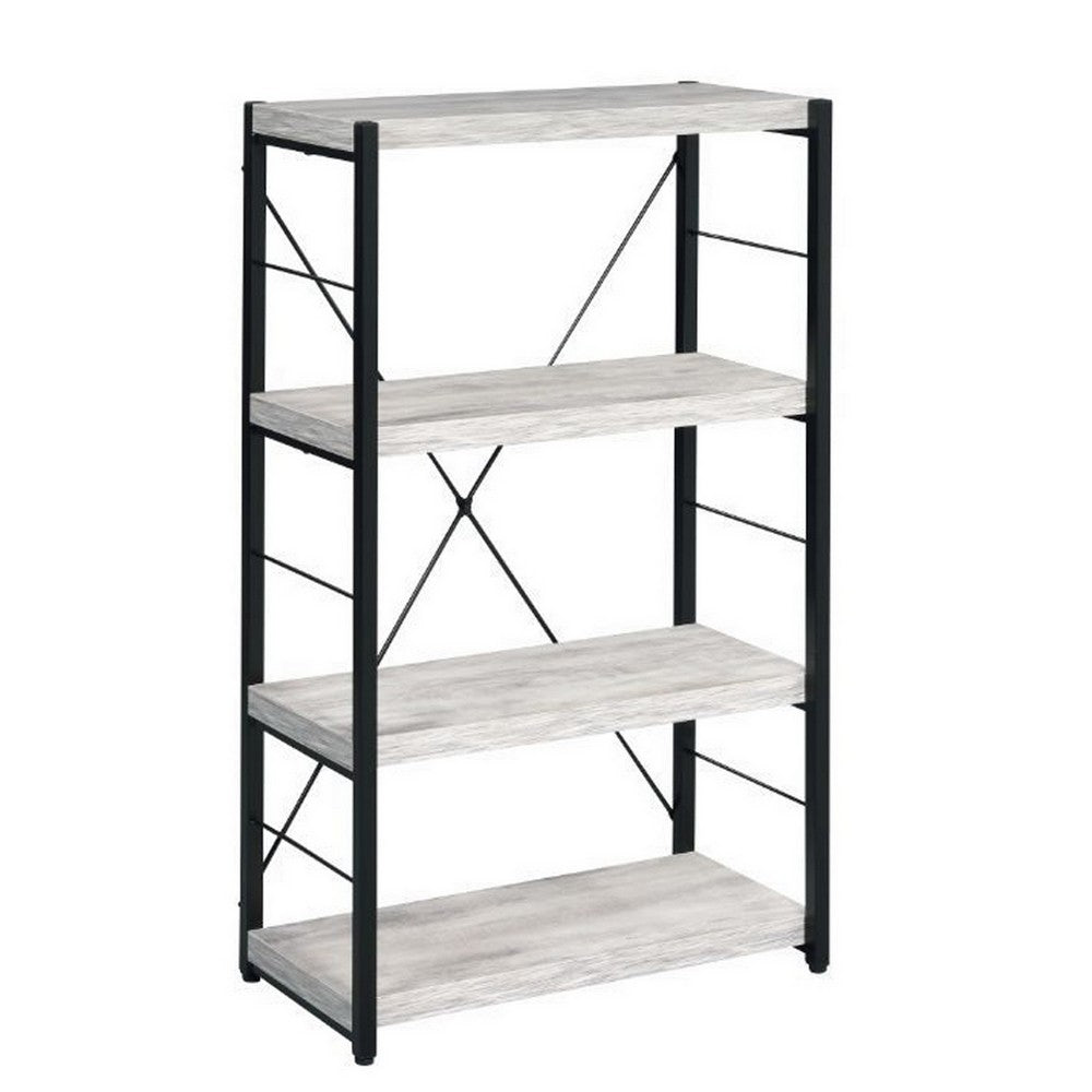Industrial Bookshelf with 4 Shelves and Open Metal Frame, White and Black - BM209632