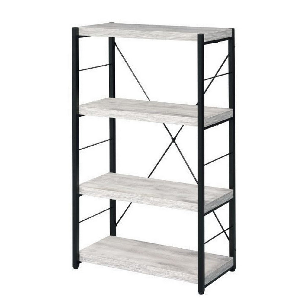 Industrial Bookshelf with 4 Shelves and Open Metal Frame, White and Black - BM209632