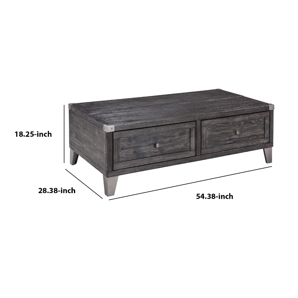 Wooden Lift Top Cocktail Table with 2 Drawers and Metal Accents in Gray - BM210957