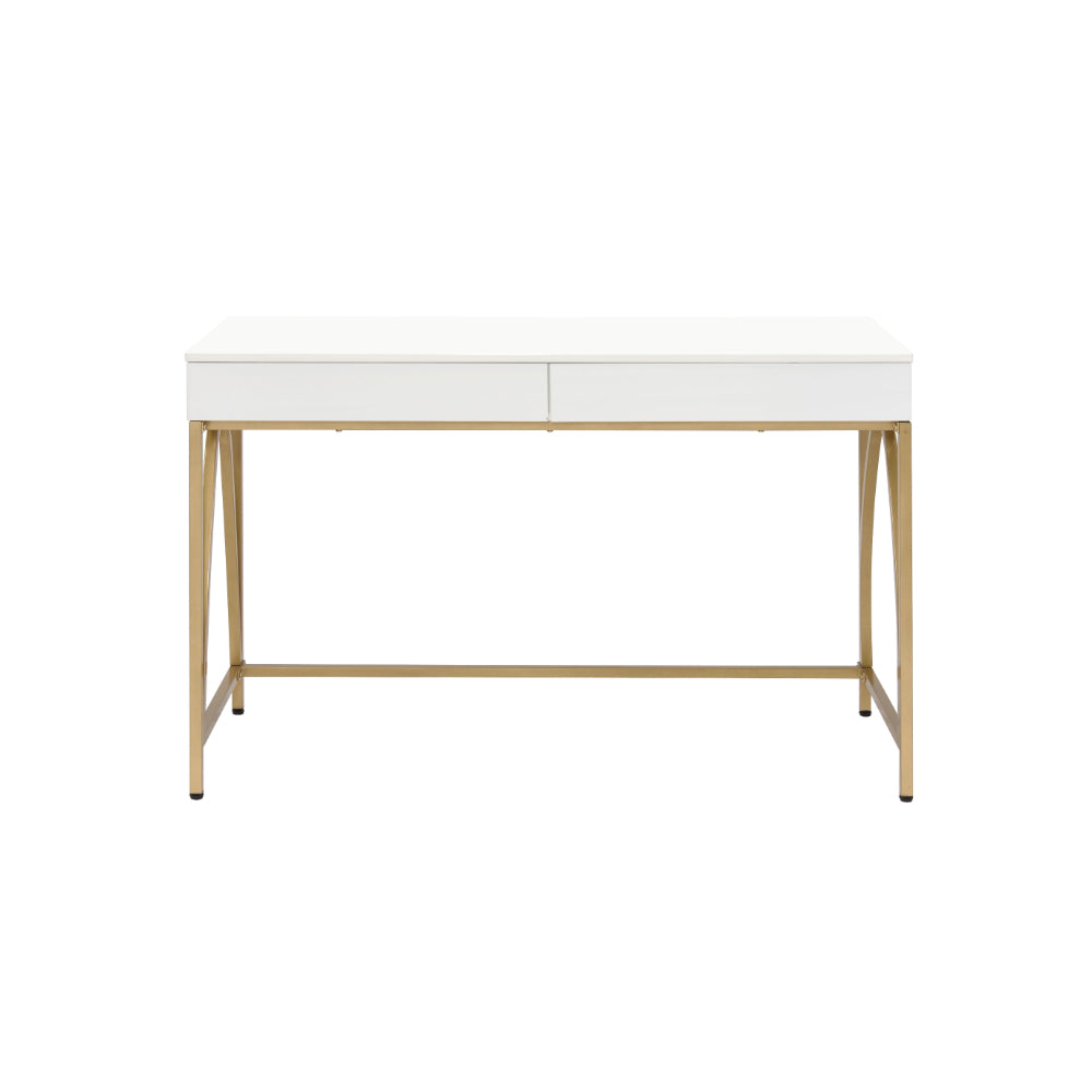 Rectangular Wooden Frame Desk with 2 Drawers and Metal Legs in White and Gold - BM211100