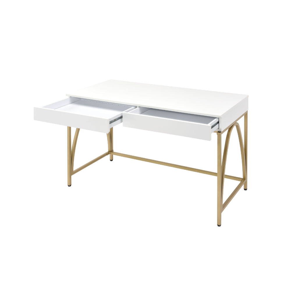 Rectangular Wooden Frame Desk with 2 Drawers and Metal Legs in White and Gold - BM211100