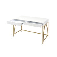 Rectangular Wooden Frame Desk with 2 Drawers and Metal Legs in White and Gold - BM211100