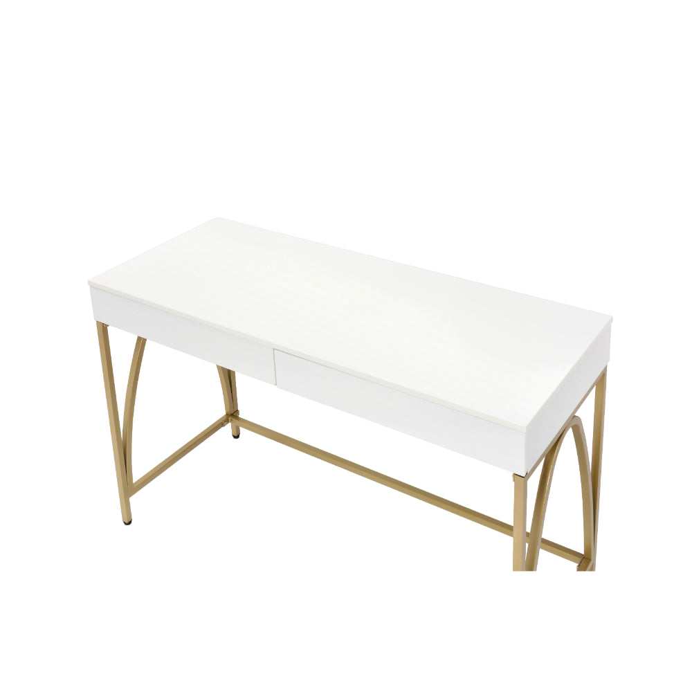 Rectangular Wooden Frame Desk with 2 Drawers and Metal Legs in White and Gold - BM211100